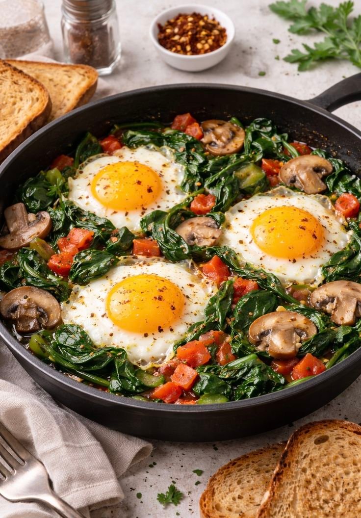 Sartén con tres huevos estrellados sobre espinaca, champiñones y jitomate, con hojuelas de chile y pan tostado al lado