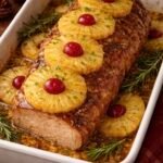 Lomo de cerdo navideño glaseado con piña, coronado con rodajas de piña y cerezas y adornado con romero, en un refractario