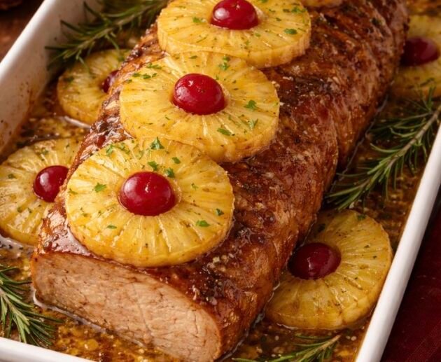 Lomo de cerdo navideño glaseado con piña, coronado con rodajas de piña y cerezas y adornado con romero, en un refractario