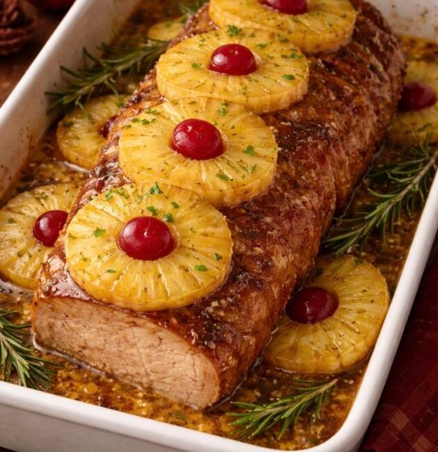 Lomo de cerdo navideño glaseado con piña, coronado con rodajas de piña y cerezas y adornado con romero, en un refractario