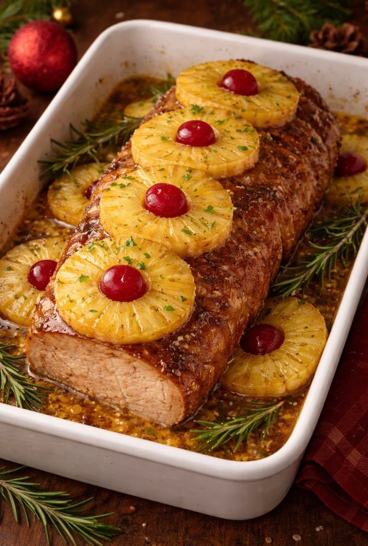 Lomo de cerdo navideño glaseado con piña, coronado con rodajas de piña y cerezas y adornado con romero, en un refractario