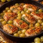 Medallones de pollo dorados con uvas verdes en salsa brillante de miel y romero, servidos en un sartén