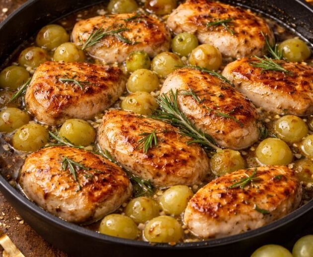 Medallones de pollo dorados con uvas verdes en salsa brillante de miel y romero, servidos en un sartén