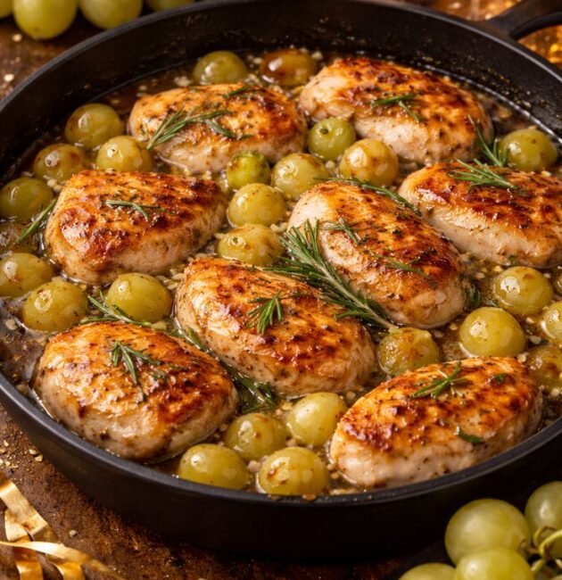 Medallones de pollo dorados con uvas verdes en salsa brillante de miel y romero, servidos en un sartén