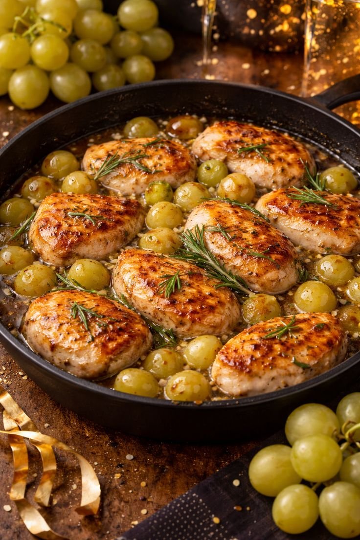 Medallones de pollo dorados con uvas verdes en salsa brillante de miel y romero, servidos en un sartén