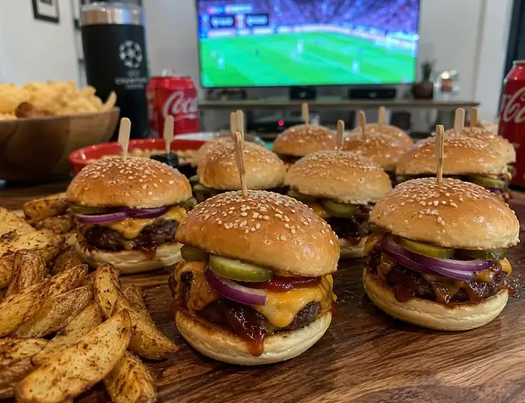 Mini hamburguesas BBQ con queso cheddar gratinado, pepinillos y cebolla morada atravesadas con palillo, servidas con papas en gajos para ver fútbol