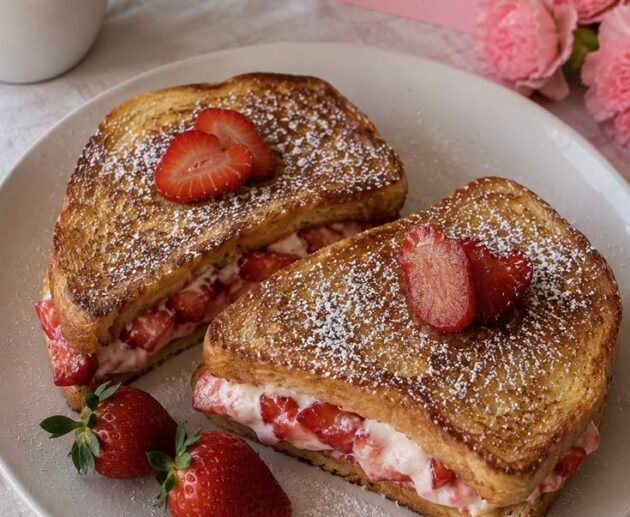 Pan francés relleno de queso crema y fresas, dorado y espolvoreado con azucar glass, servido en un plato con fresas frescas
