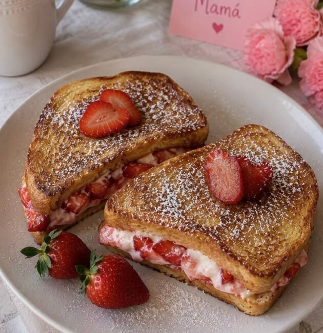 Pan francés relleno de queso crema y fresas, dorado y espolvoreado con azucar glass, servido en un plato con fresas frescas