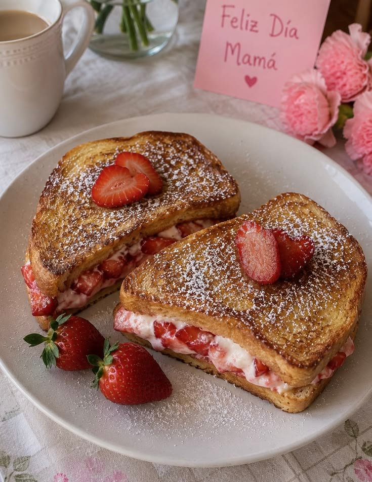 Pan francés relleno de queso crema y fresas, dorado y espolvoreado con azucar glass, servido en un plato con fresas frescas