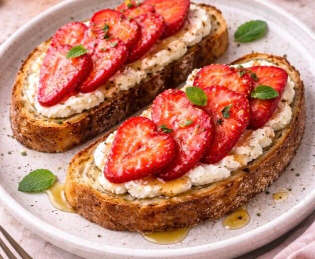 Pan rústico tostado con ricotta, fresas en láminas y un hilo de miel, servido en un plato