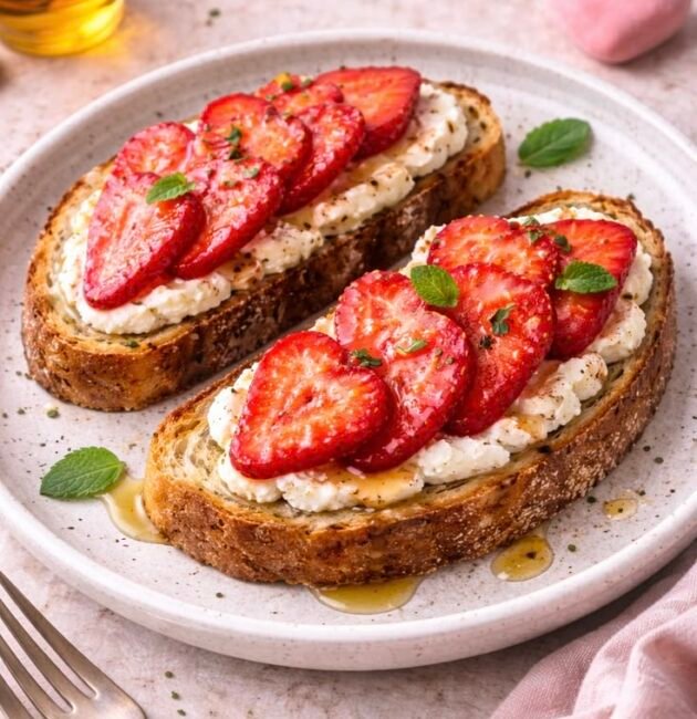 Pan rústico tostado con ricotta, fresas en láminas y un hilo de miel, servido en un plato