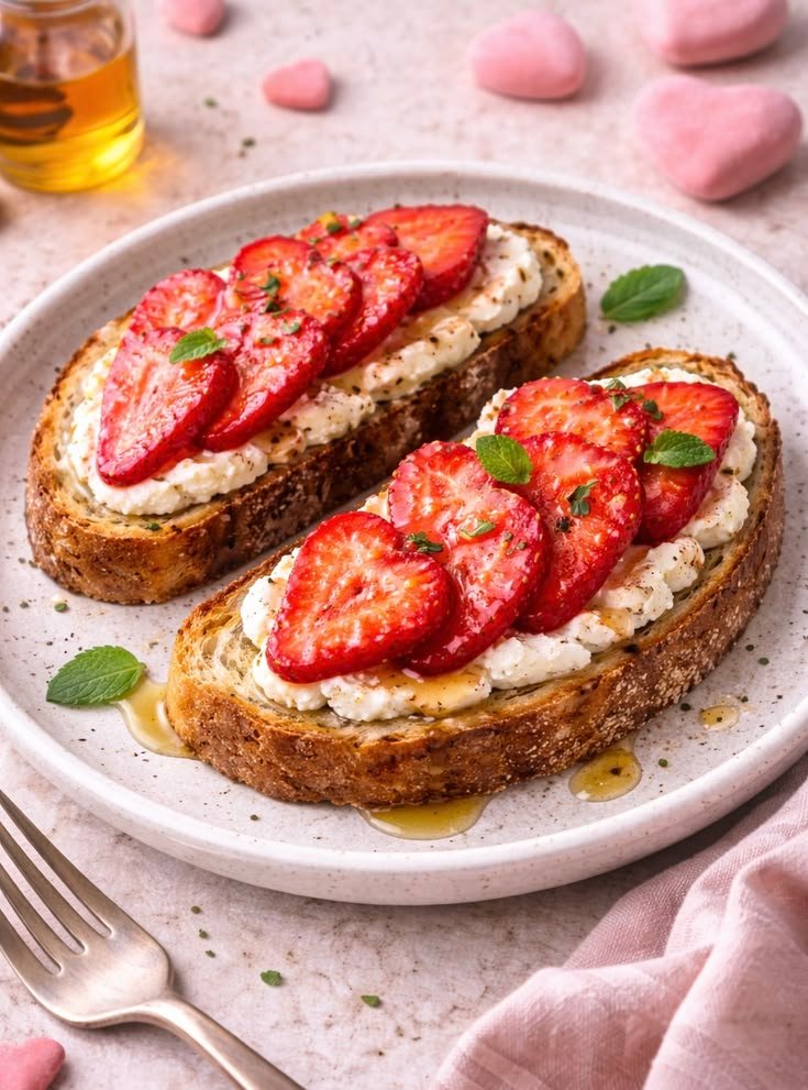 Pan rústico tostado con ricotta, fresas en láminas y un hilo de miel, servido en un plato