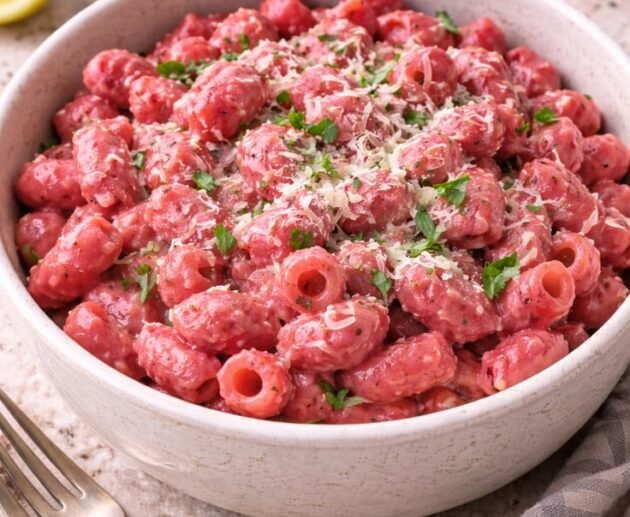 Plato de pasta corta en salsa cremosa rosa de betabel con queso parmesano rallado y perejil