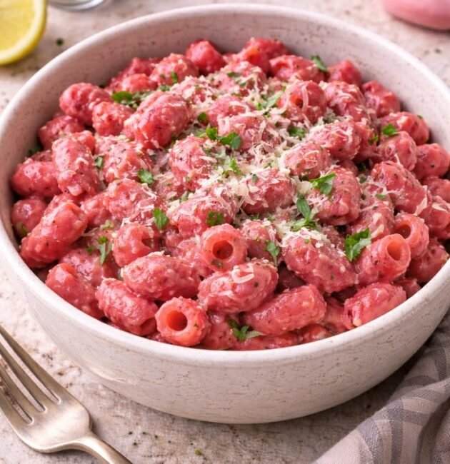 Plato de pasta corta en salsa cremosa rosa de betabel con queso parmesano rallado y perejil