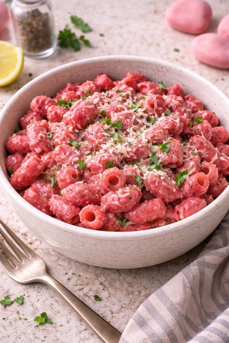 Plato de pasta corta en salsa cremosa rosa de betabel con queso parmesano rallado y perejil