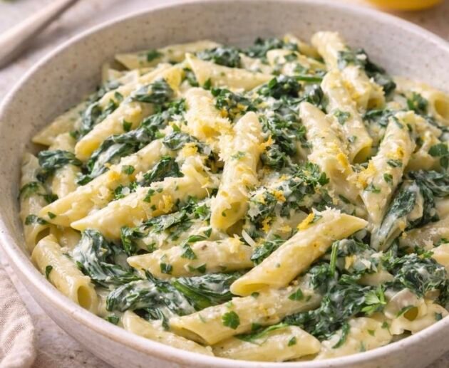 Plato de pasta penne cremosa con espinaca, parmesano rallado y ralladura de limón, con mitades de limón al lado