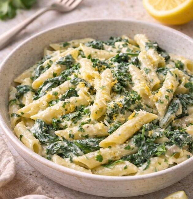 Plato de pasta penne cremosa con espinaca, parmesano rallado y ralladura de limón, con mitades de limón al lado