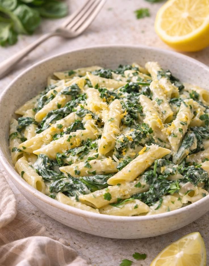 Plato de pasta penne cremosa con espinaca, parmesano rallado y ralladura de limón, con mitades de limón al lado