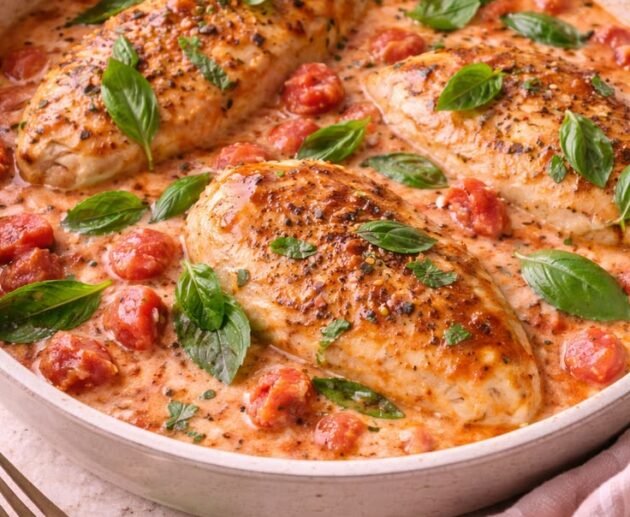 Pechugas de pollo doradas en salsa cremosa de tomate con hojas de albahaca fresca, servidas en un sartén