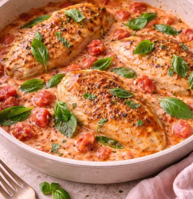 Pechugas de pollo doradas en salsa cremosa de tomate con hojas de albahaca fresca, servidas en un sartén