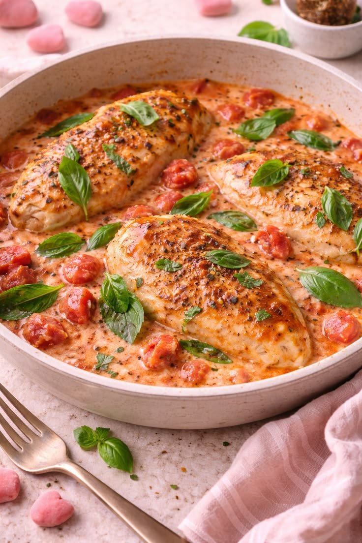 Pechugas de pollo doradas en salsa cremosa de tomate con hojas de albahaca fresca, servidas en un sartén