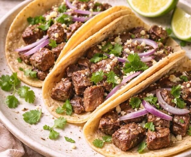 Tres tacos de bistec de res en tortilla de maíz con cebolla morada, cilantro y queso, con gajos de limón en el plato