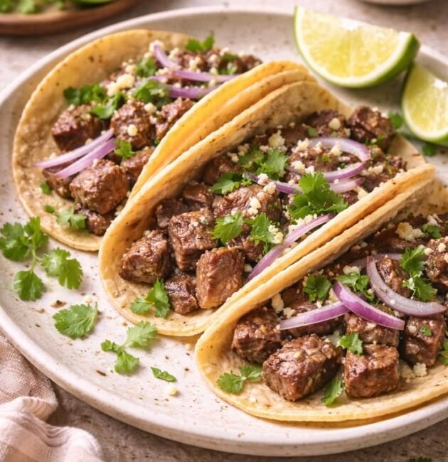 Tres tacos de bistec de res en tortilla de maíz con cebolla morada, cilantro y queso, con gajos de limón en el plato