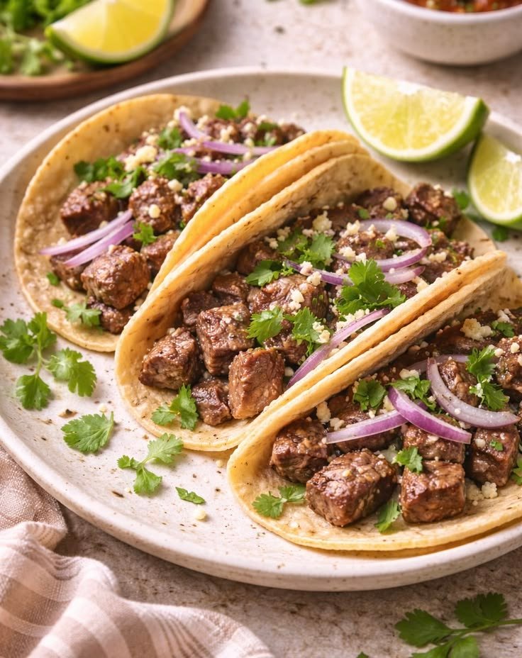 Tres tacos de bistec de res en tortilla de maíz con cebolla morada, cilantro y queso, con gajos de limón en el plato