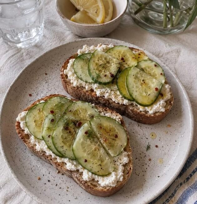 Tostadas de pan rústico con ricotta y rodajas finas de pepino, aceite de oliva y hojuelas de chile, servidas en un plato
