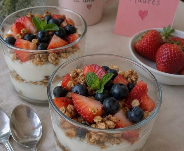 Vasitos de vidrio con capas de yogur griego y granola, coronados con fresas, arándanos y menta, para el Día de las Madres