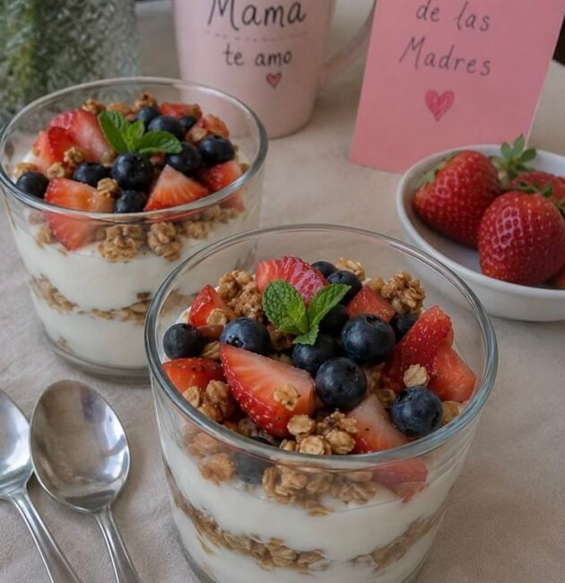 Vasitos de vidrio con capas de yogur griego y granola, coronados con fresas, arándanos y menta, para el Día de las Madres