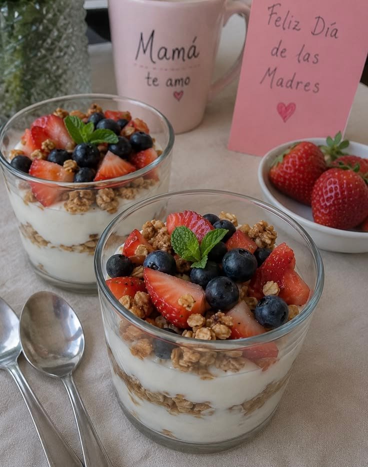 Vasitos de vidrio con capas de yogur griego y granola, coronados con fresas, arándanos y menta, para el Día de las Madres