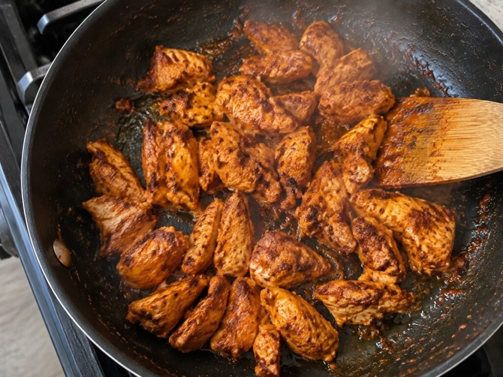 Pollo marinado con chipotle, comino y paprika dorándose en sartén antiadherente con espátula de madera, paso a paso del burrito bowl