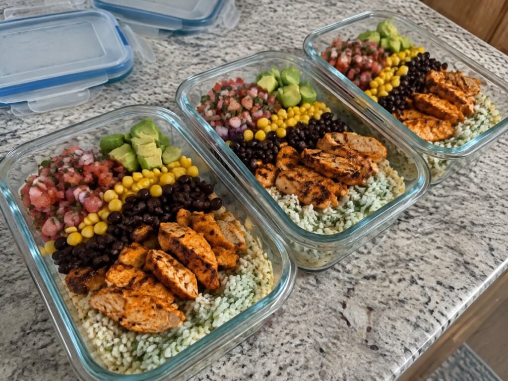 Tres recipientes de vidrio con meal prep de burrito bowl de pollo, arroz, frijoles negros, elote y pico de gallo para llevar a la oficina