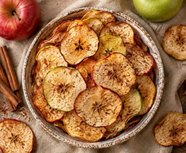 Bowl de cerámica lleno de chips de manzana con canela hechos en air fryer, con rajas de canela y manzana roja sobre mantel de lino