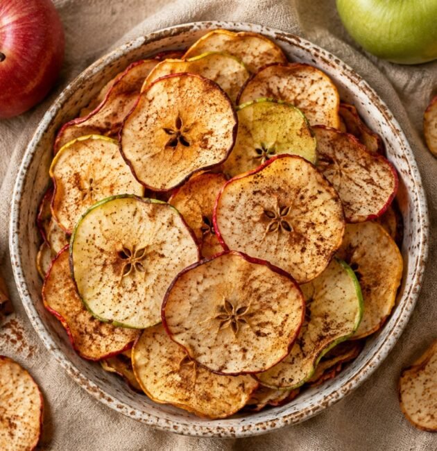 Bowl de cerámica lleno de chips de manzana con canela hechos en air fryer, con rajas de canela y manzana roja sobre mantel de lino