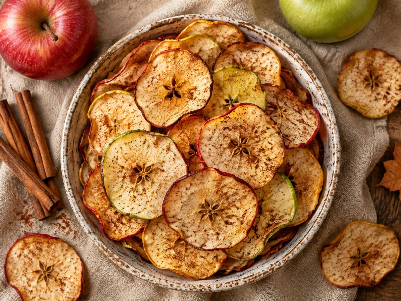 Bowl de cerámica lleno de chips de manzana con canela hechos en air fryer, con rajas de canela y manzana roja sobre mantel de lino