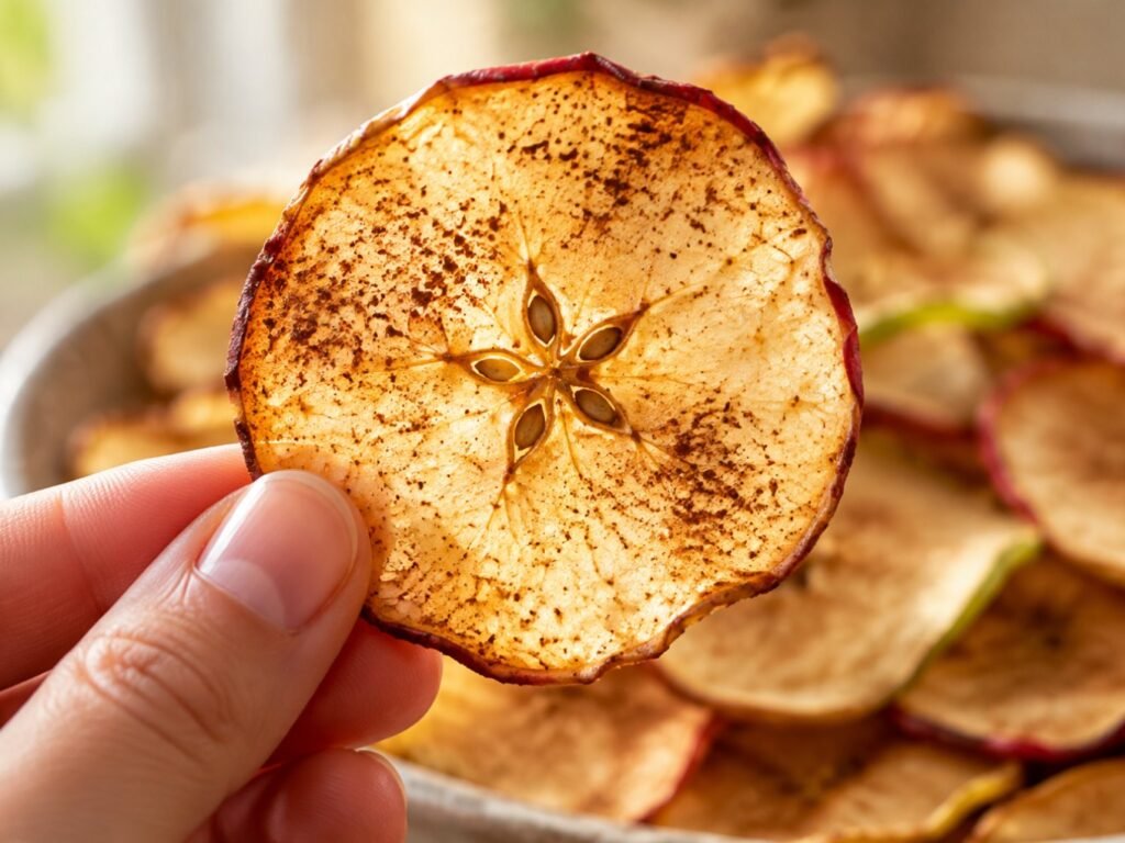 Mano sosteniendo un chip de manzana crujiente a contraluz que muestra la estrella del corazón, snack saludable sin azúcar añadida