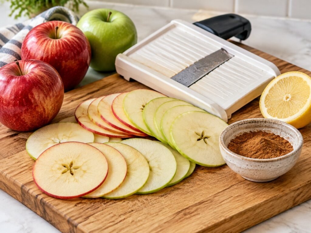 Manzanas rojas rebanadas finamente con mandolina sobre tabla de madera junto a canela molida y limón para preparar chips de manzana
