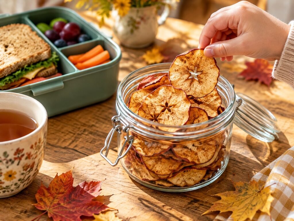 Frasco de vidrio con chips de manzana con canela junto a una lonchera infantil y taza de té, snack saludable para niños en otoño