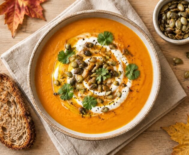 Crema de zanahoria y camote asados con jengibre en tazón de cerámica con yogur, semillas de calabaza y cilantro, sopa saludable de otoño