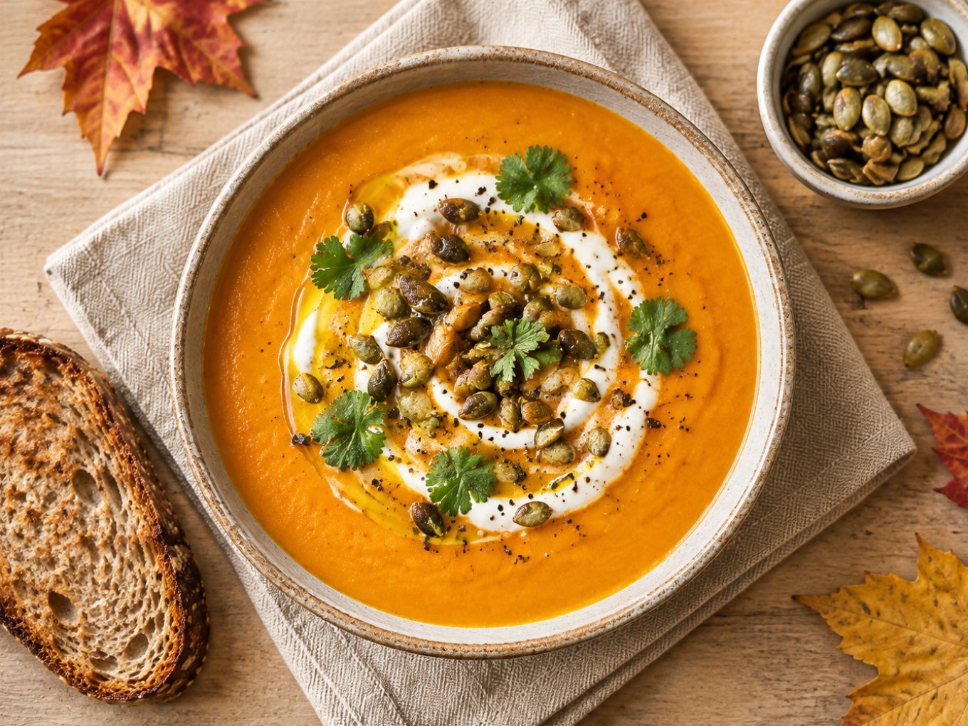 Crema de zanahoria y camote asados con jengibre en tazón de cerámica con yogur, semillas de calabaza y cilantro, sopa saludable de otoño