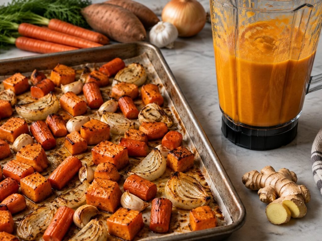 Zanahorias, camote, cebolla y ajo asados en charola junto a jengibre fresco y licuadora con puré naranja para crema de verduras casera