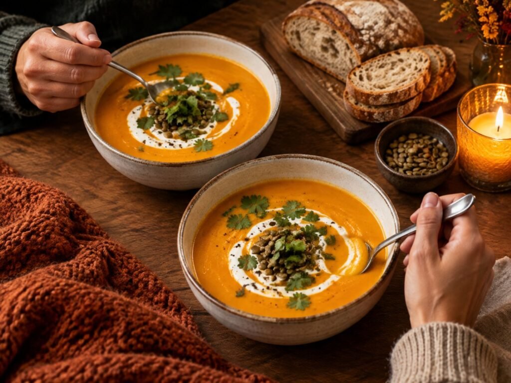 Dos tazones de crema de zanahoria y camote en mesa de madera con pan y vela, cena saludable y reconfortante para noches de otoño
