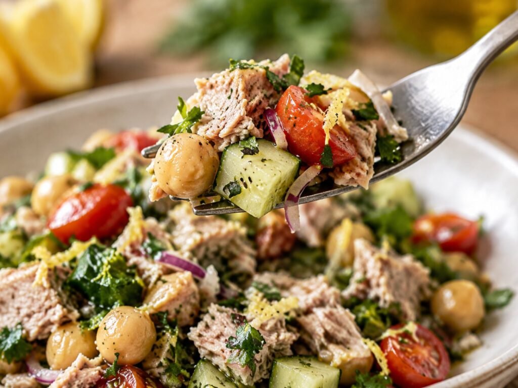 Tenedor levantando un bocado de ensalada de atún con garbanzos, pepino y jitomate cherry