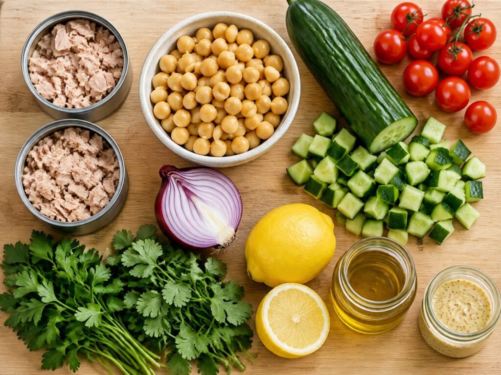 Ingredientes para ensalada de atún: latas de atún, garbanzos cocidos, pepino, jitomate cherry, cebolla morada, perejil, cilantro, limones y vinagreta
