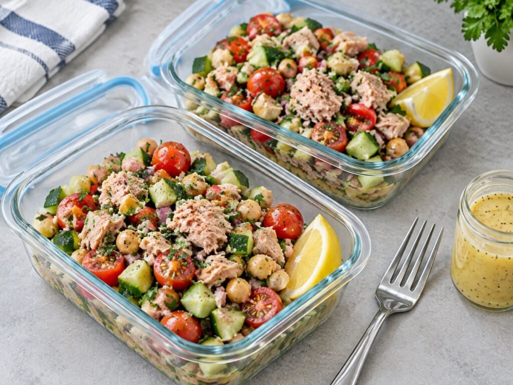 Recipientes de vidrio con ensalada de atún y garbanzo con gajos de limón, listos para llevar a la oficina