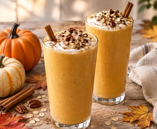 Dos vasos de smoothie de calabaza y plátano con canela, yogur griego y nuez pecana sobre mesa de madera con calabazas de otoño