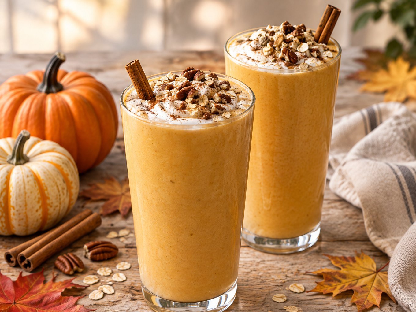 Dos vasos de smoothie de calabaza y plátano con canela, yogur griego y nuez pecana sobre mesa de madera con calabazas de otoño