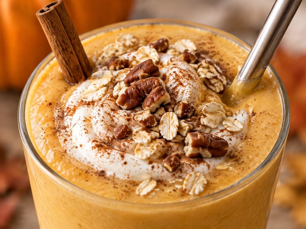 Close-up de smoothie de calabaza cremoso con remolino de yogur griego, canela y nuez pecana, bebida saludable de otoño sin azúcar